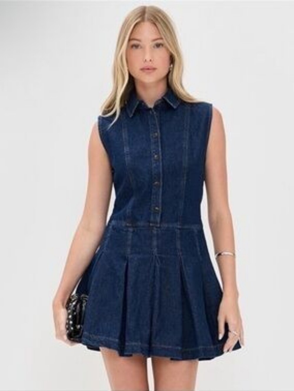 Avec Les Filles Denim Pleated Mini Dress